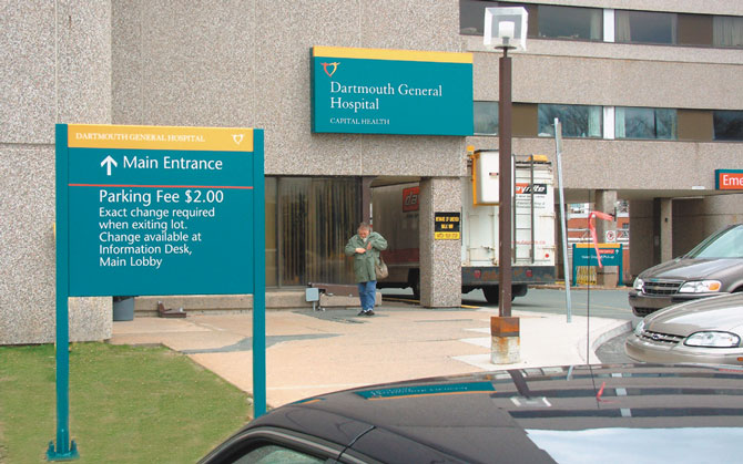 Pedestrian level signs at Dartmouth General Hospital