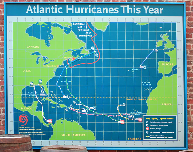 Magnetic map showing path of hurricanes